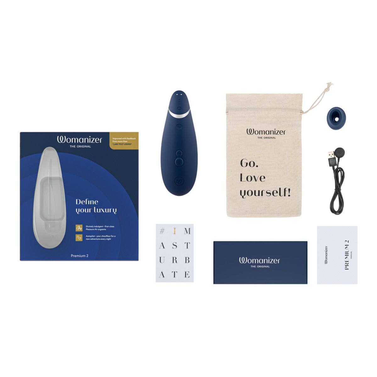 Womanizer Premium 2 Clitoral Stimulator, Blue, Box Contents