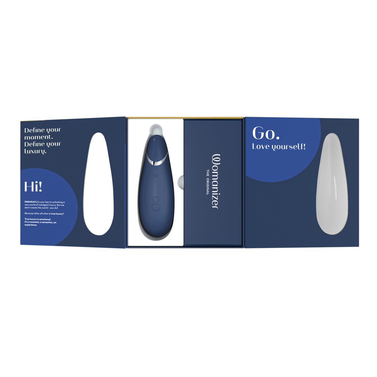 Womanizer Premium 2 Clitoral Stimulator, Blue, Open Box, Top View