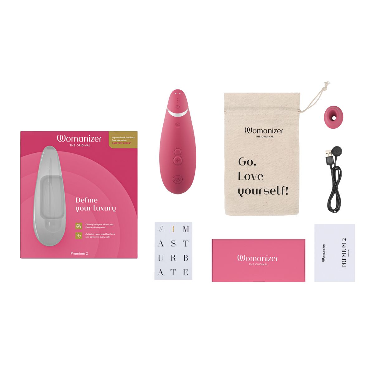 Womanizer Premium 2 Clitoral Stimulator, Pink, Box Contents