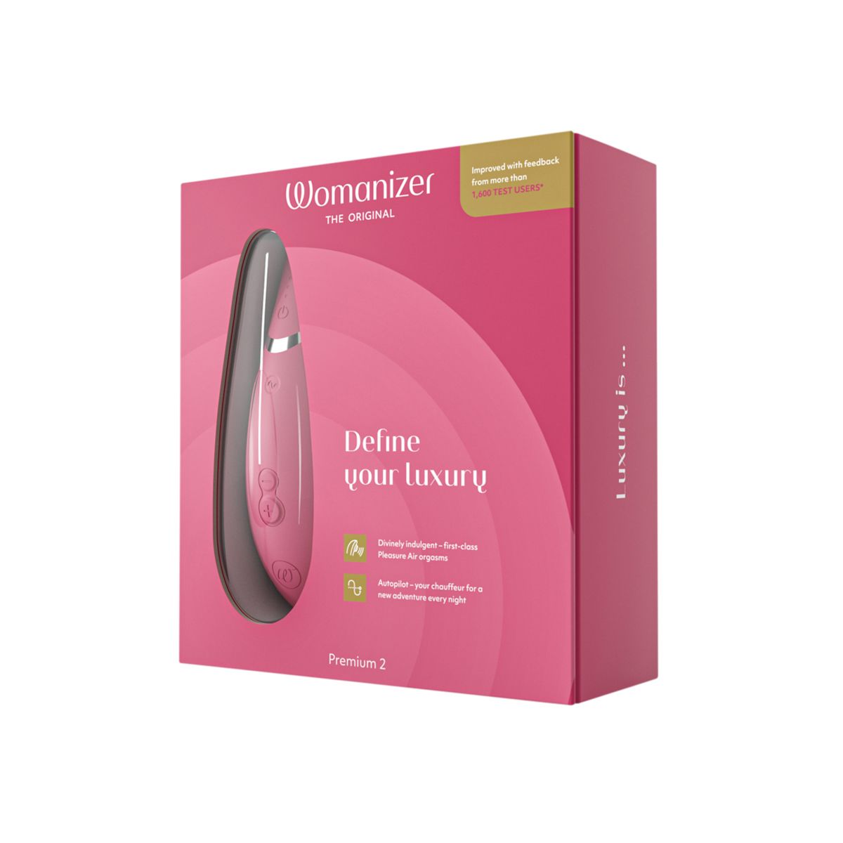Womanizer Premium 2 Clitoral Stimulator, Pink, Product Box, Front Left Angle