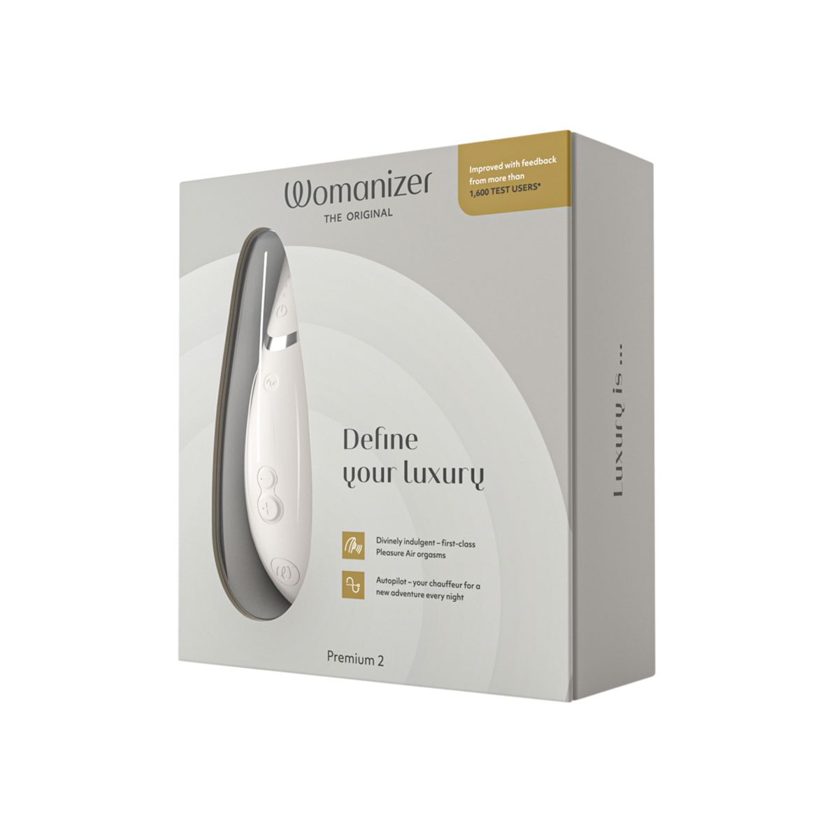 \Womanizer Premium 2 Clitoral Stimulator, White, Product Box, Front Angle