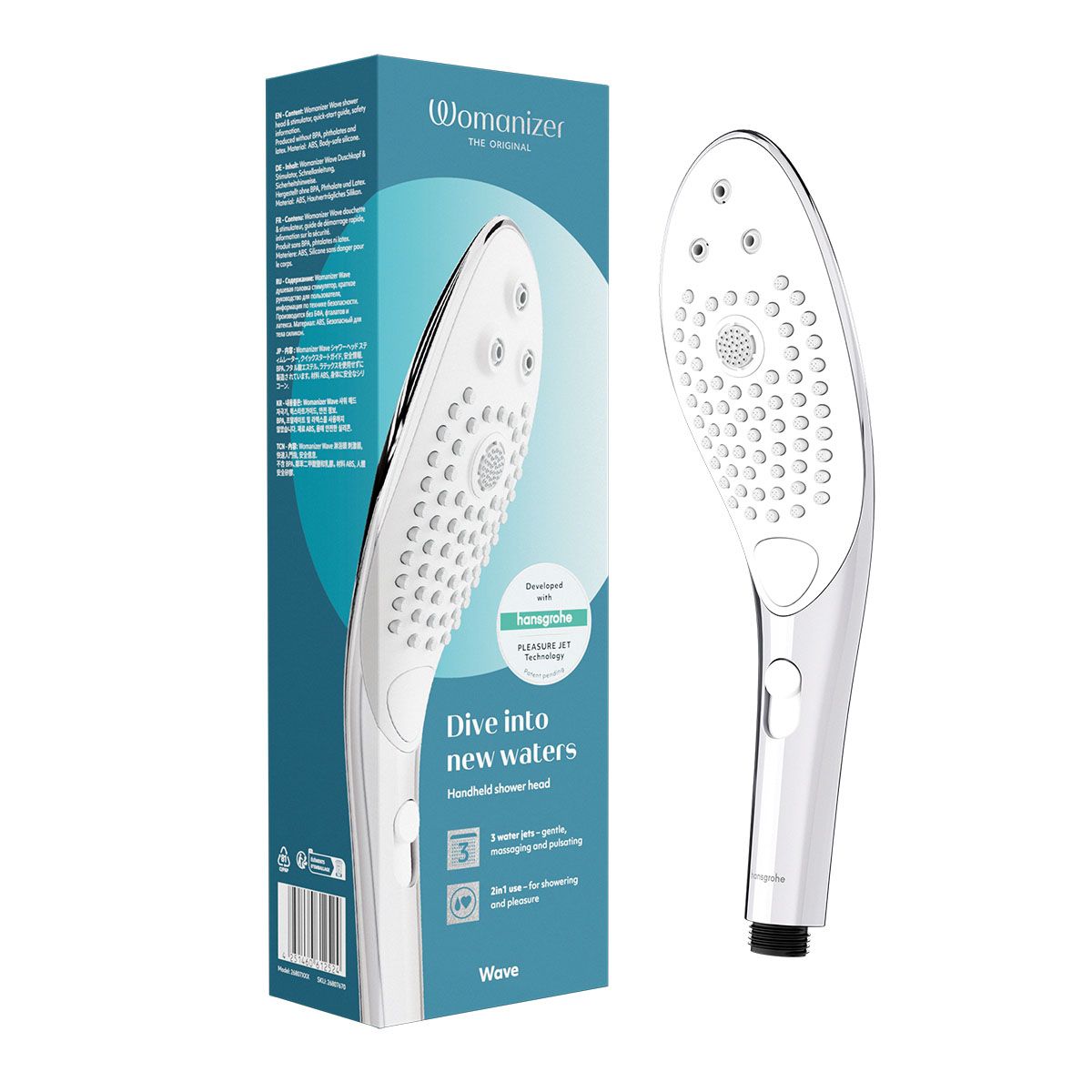 Womanizer Wave Shower Head, Chrome, Product Box and Show Head