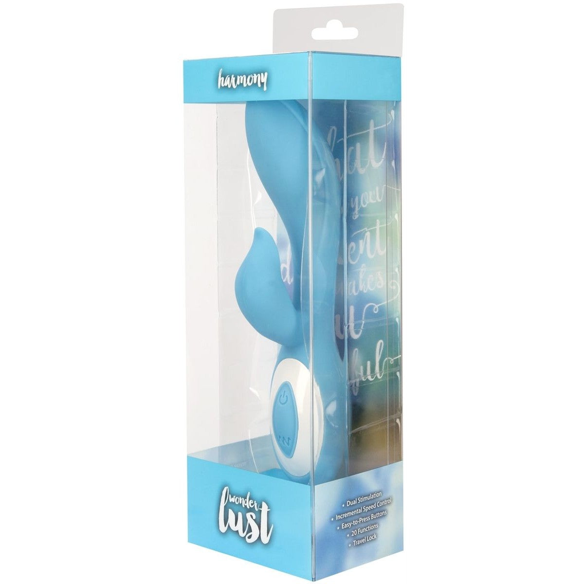 Wonderlust Harmony Rabbit Vibrator, Blue, Product Box, Front Left Angle