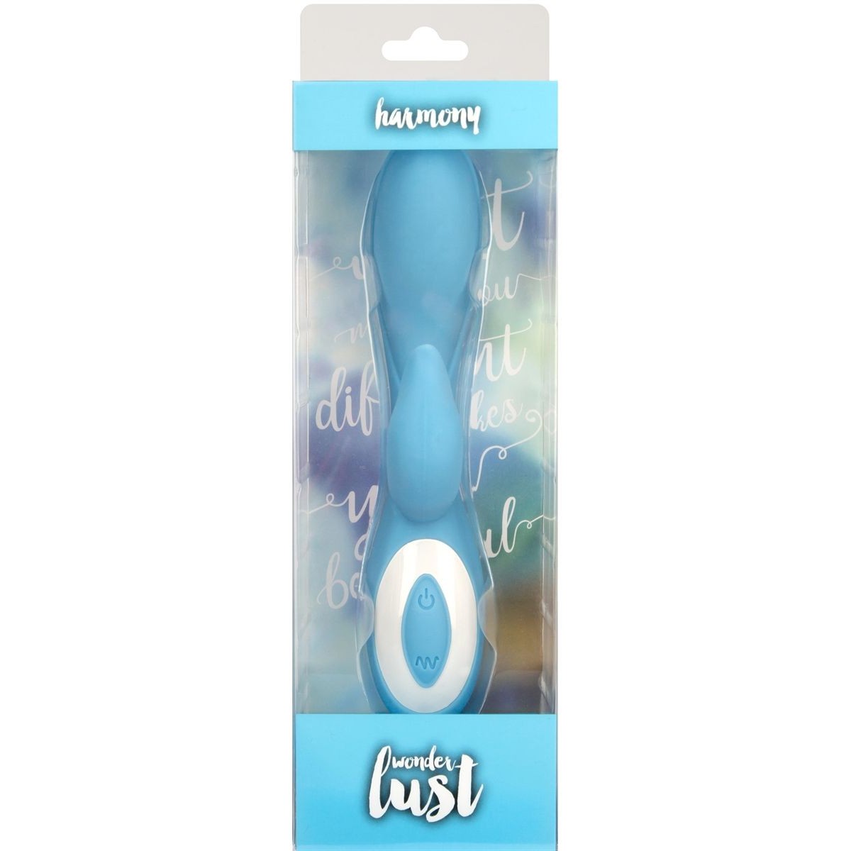 Wonderlust Harmony Rabbit Vibrator, Blue, Product Box, Front View