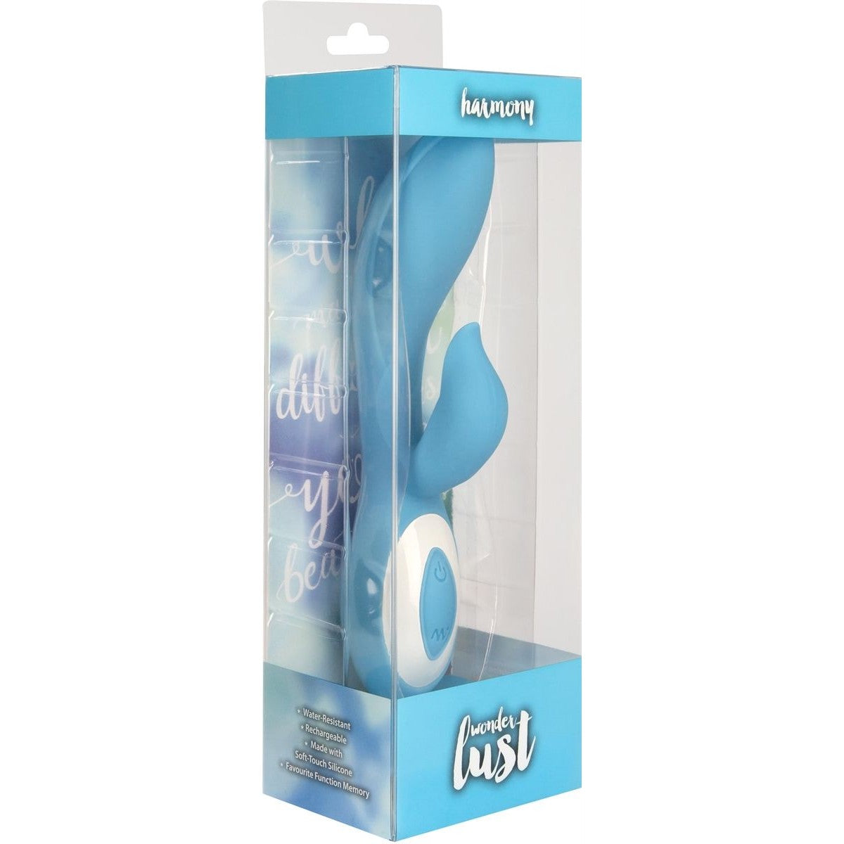 Wonderlust Harmony Rabbit Vibrator, Blue, Product Box, Front Right Angle