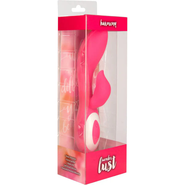 Wonderlust Harmony Rabbit Vibrator, Pink,  Product Box, Front Right Angle