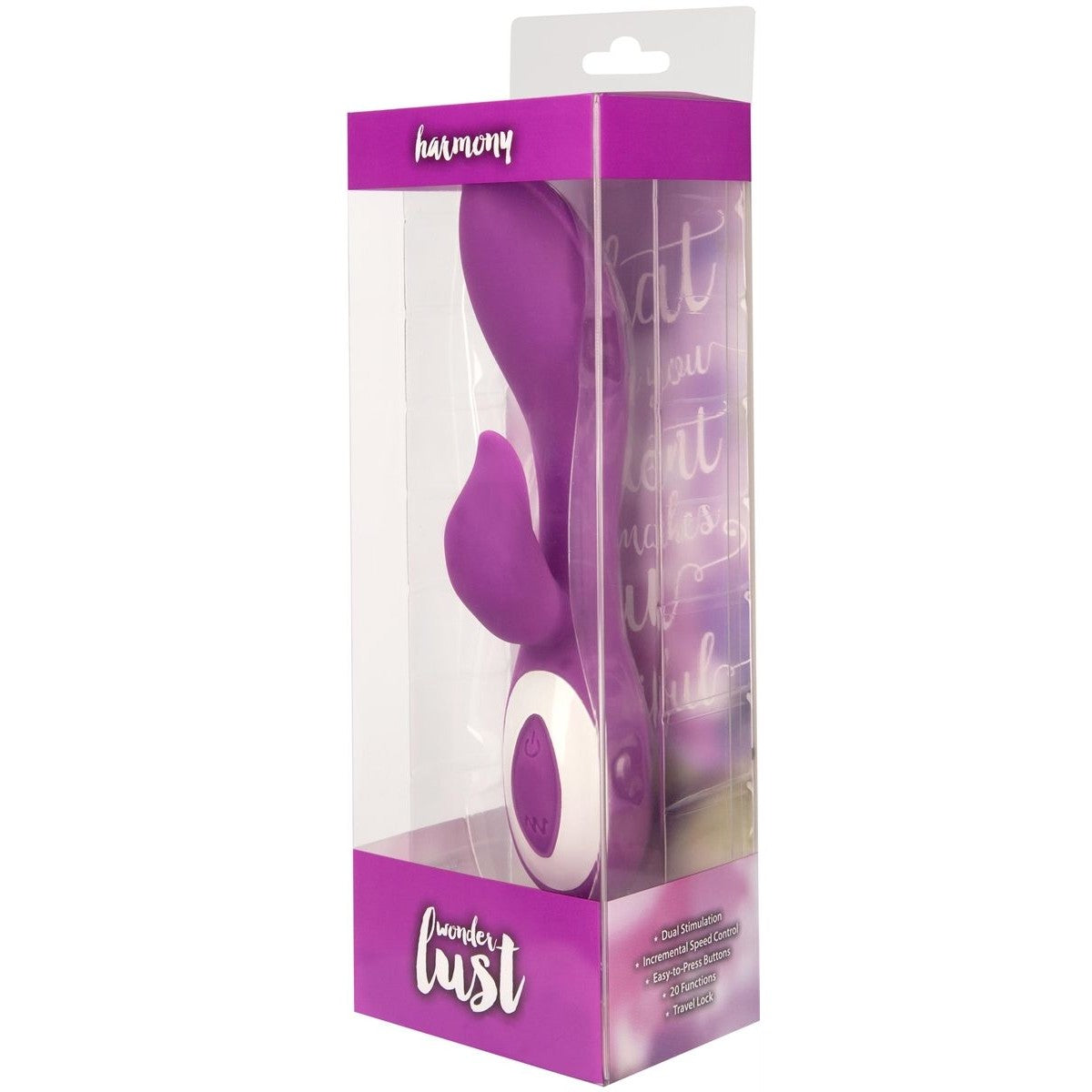 Wonderlust Harmony Rabbit Vibrator, Purple, Product Box, Front Left View