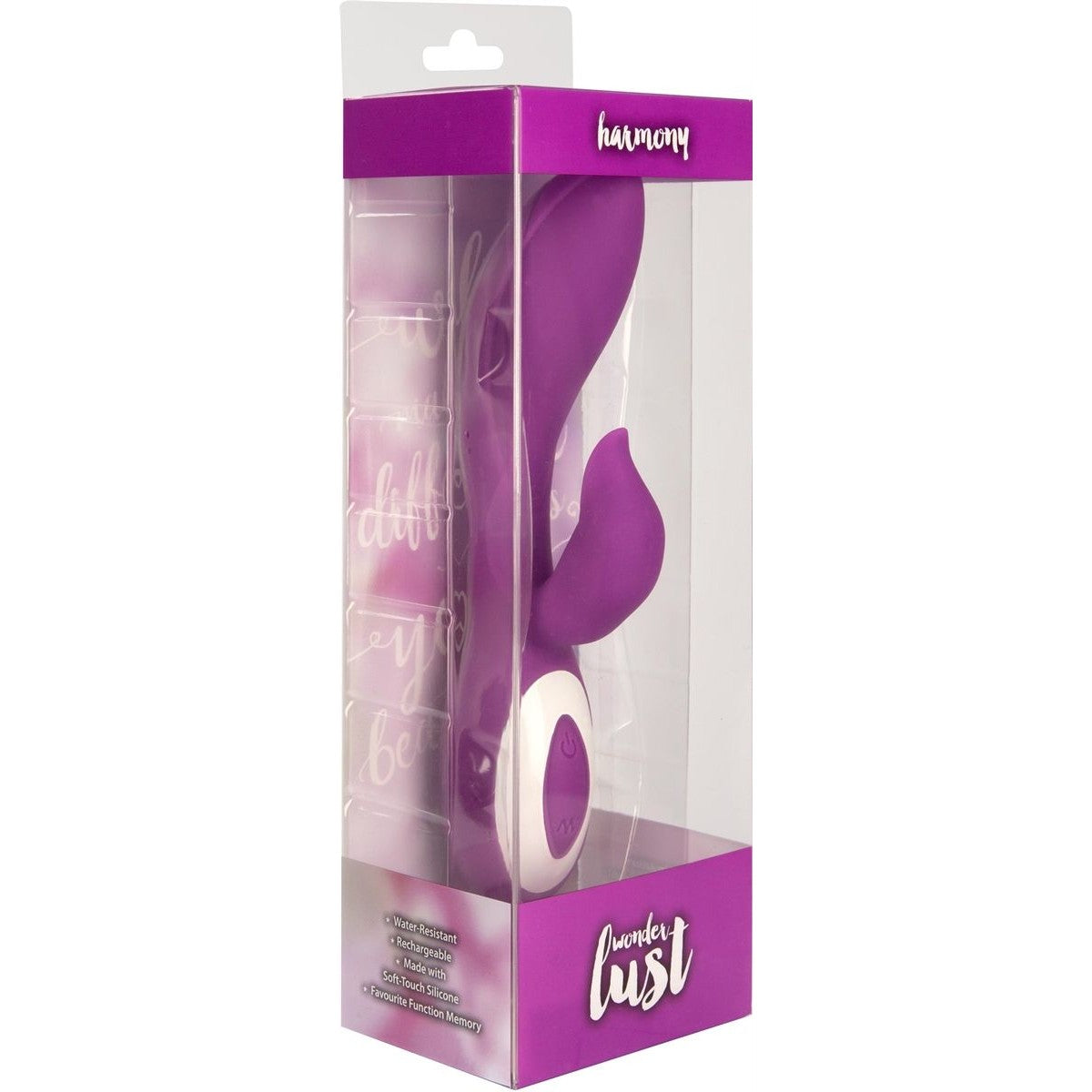 Wonderlust Harmony Rabbit Vibrator, Purple, Product Box, Front Right Angle
