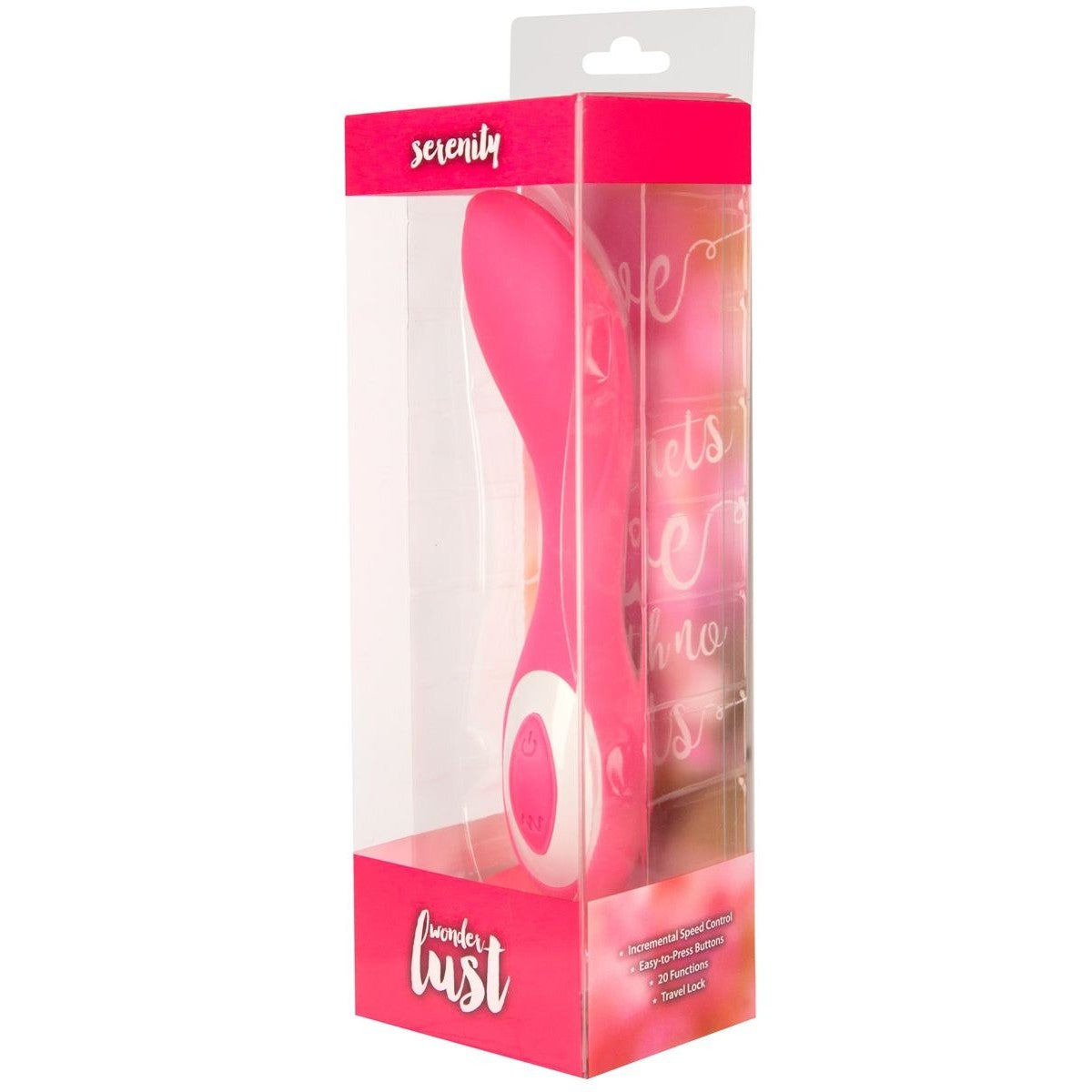Wonderlust Serenity G-Spot Vibrator, Pink, Product Box, Front Left Angle