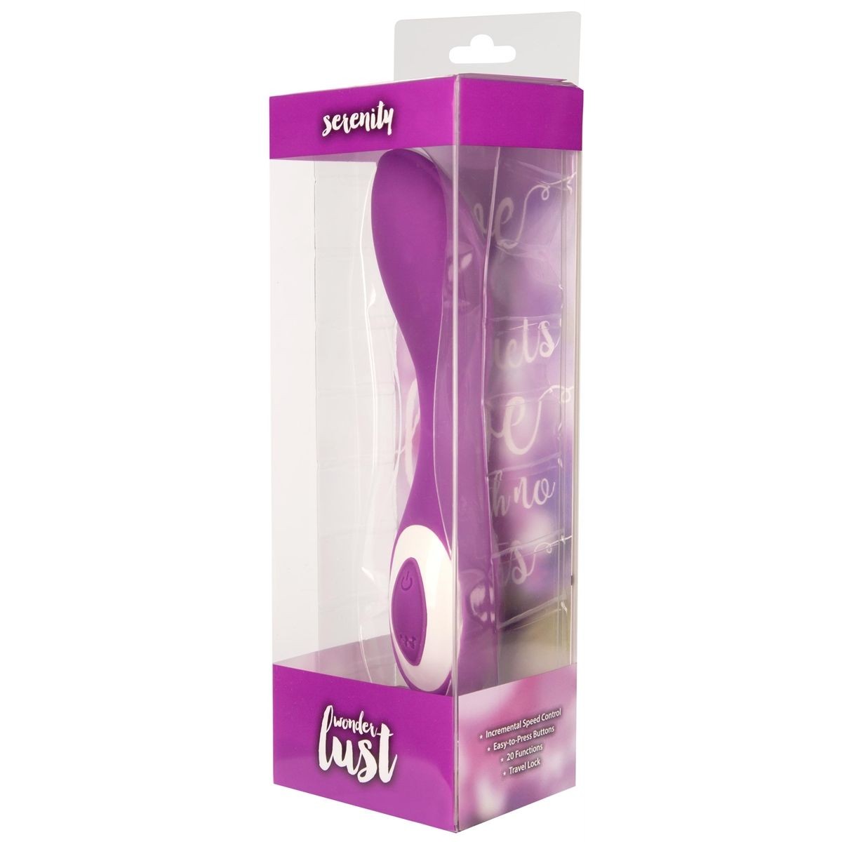 Wonderlust Serenity G-Spot Vibrator, Purple, Product Box, Front Left Angle