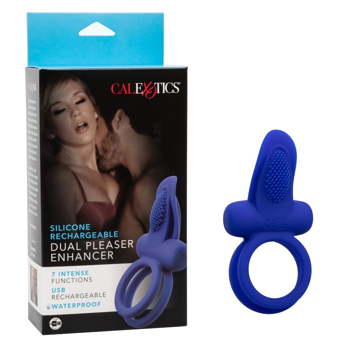 Calexotics Dual Pleaser Enhancer Vibrating Cock Ring, Product Box and Cock RIng
