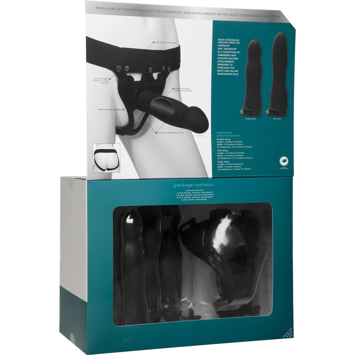 Body Extensions Be Ready 4-Piece Hollow Silicone Strap-On Set, Product Box Details