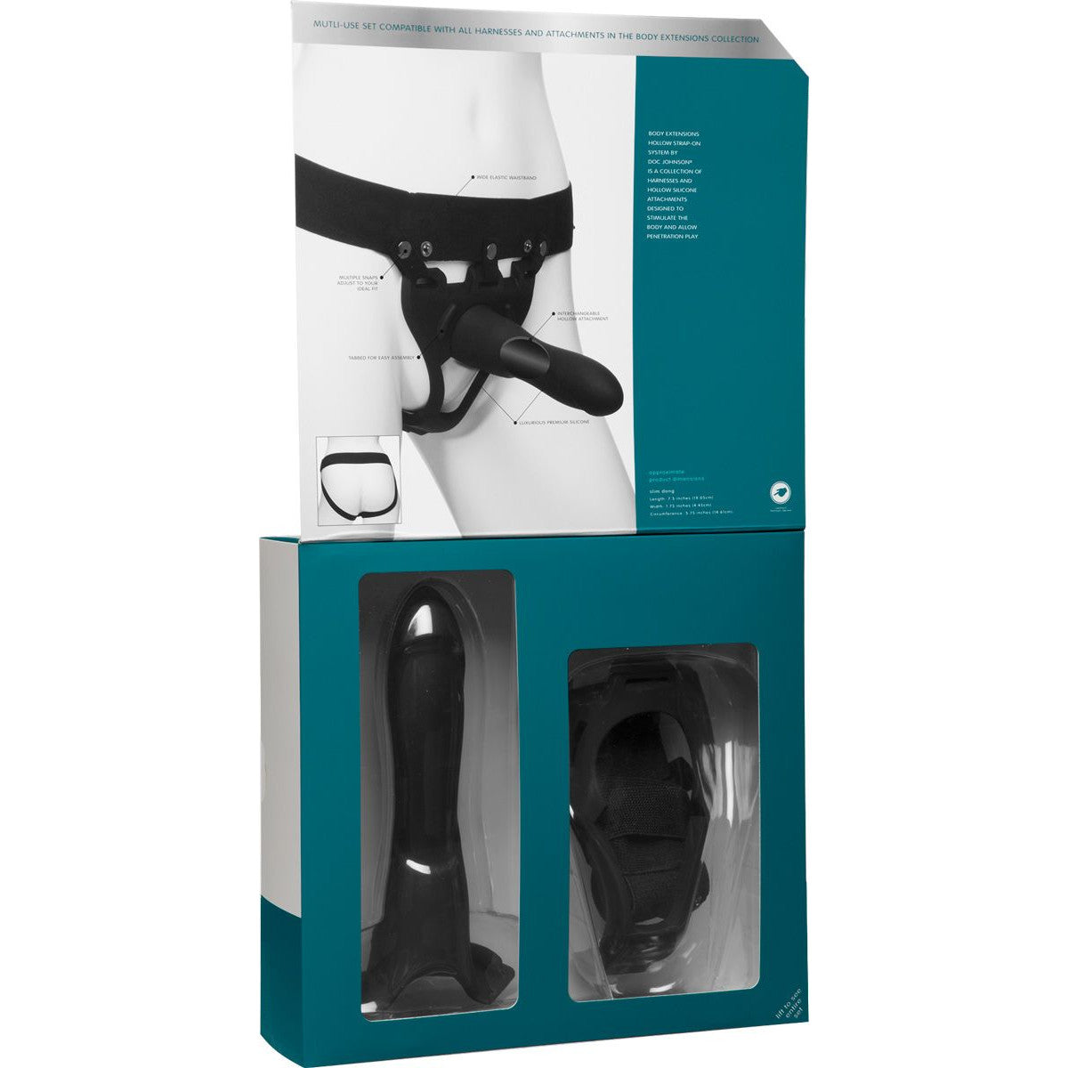 Body Extensions Be Strong 2-Piece Hollow Strap-On Set, Product Box Details