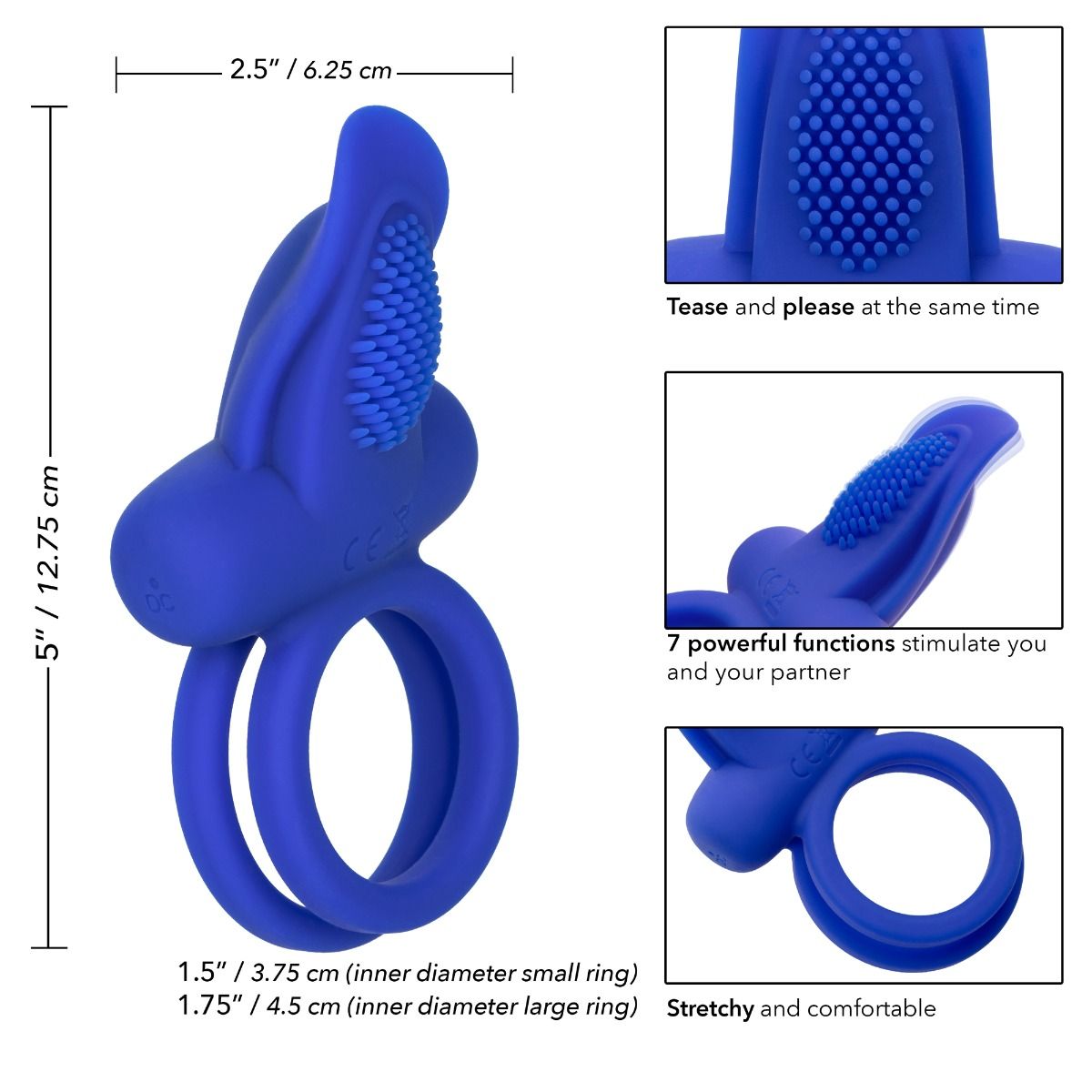 Calexotics Dual Pleaser Enhancer Vibrating Cock Ring, Product Measurements and Details