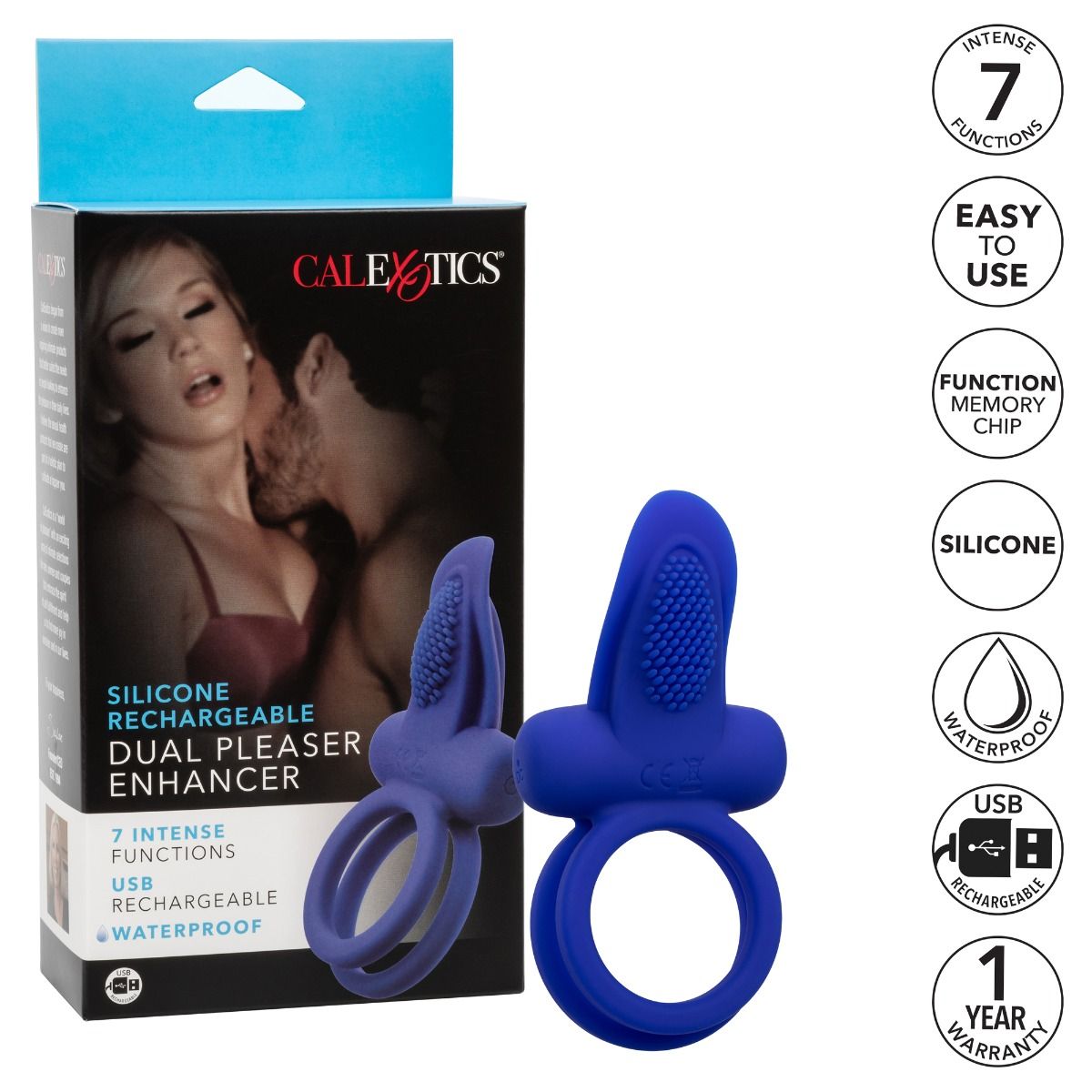 Calexotics Dual Pleaser Enhancer Vibrating Cock Ring, Product Box and Features
