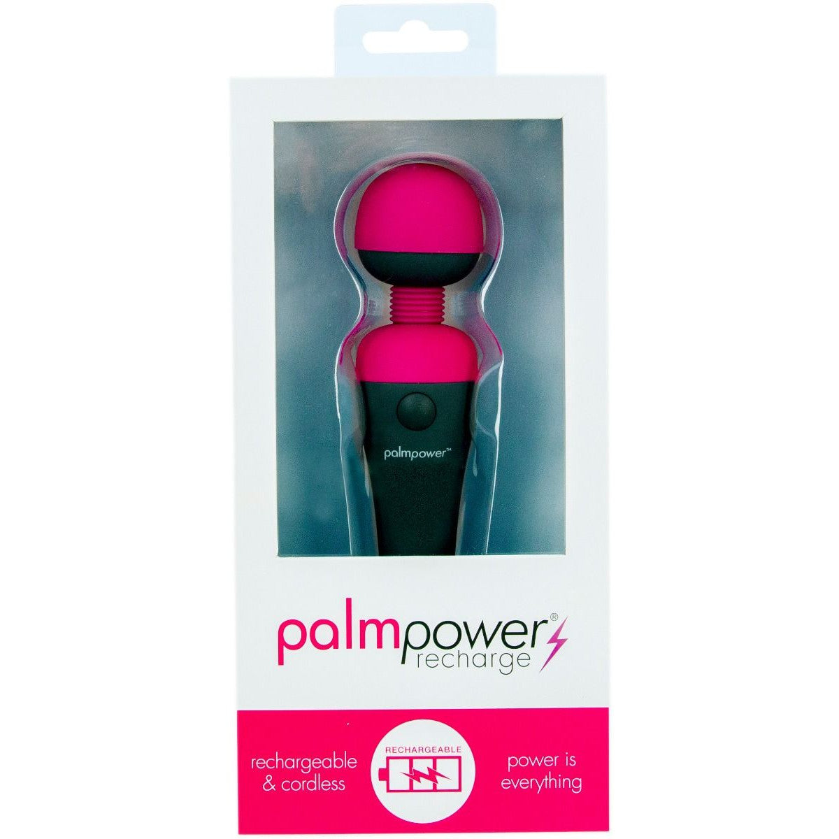 PalmPower Recharge Wand Vibrator, Fuchsia, Product Box, Front View