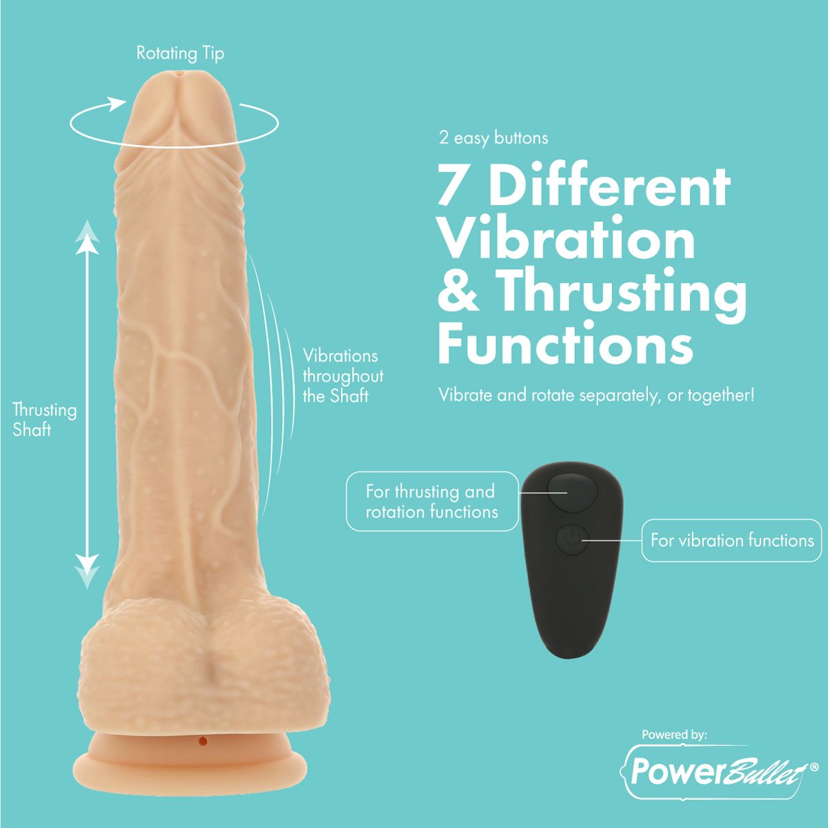 Pure Love Crazy Guy Thrusting, Vibrating & Rotating 7-Inch Dildo with Remote, Product Functions